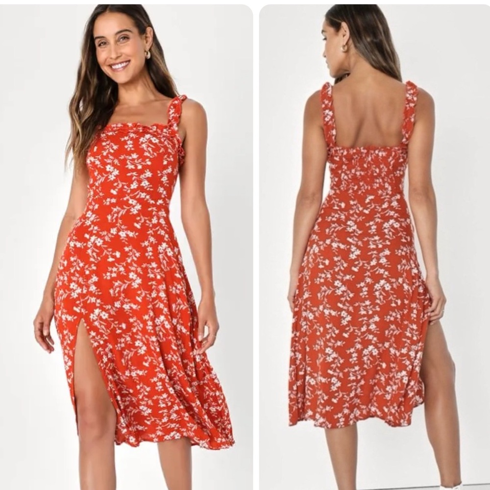 Lulu's Garden Date Red Orange Floral Print Ruffle Midi Dress
